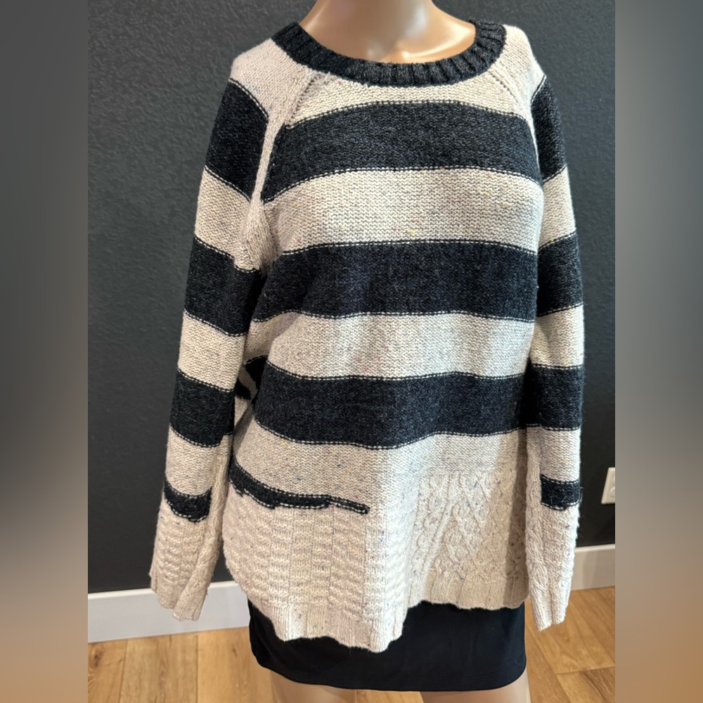 NIC+ZOE Black and Cream Striped Crewneck Sweater